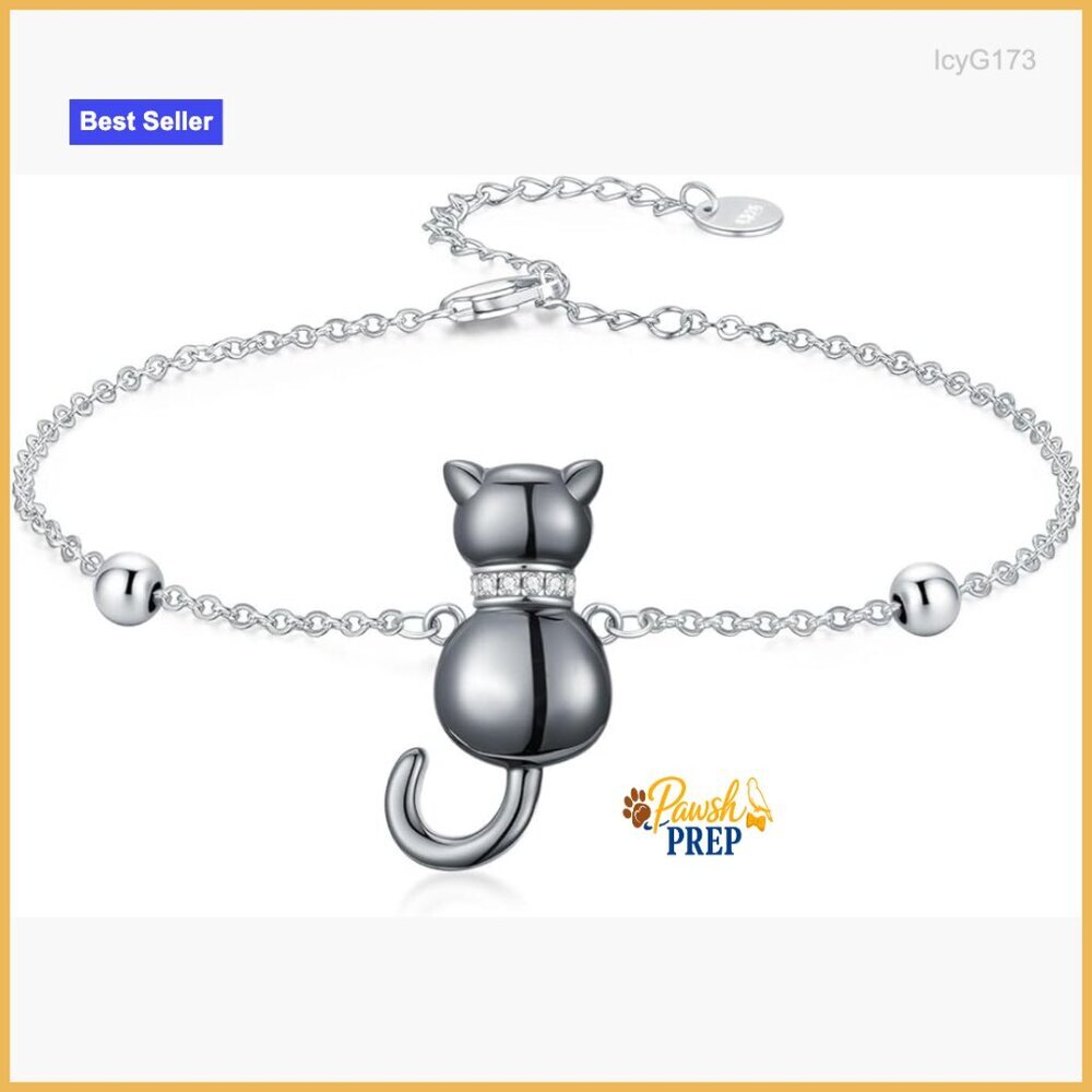 Sterling Silver Cat Bracelet with Lab Grown Diamond, Adjustable Chain